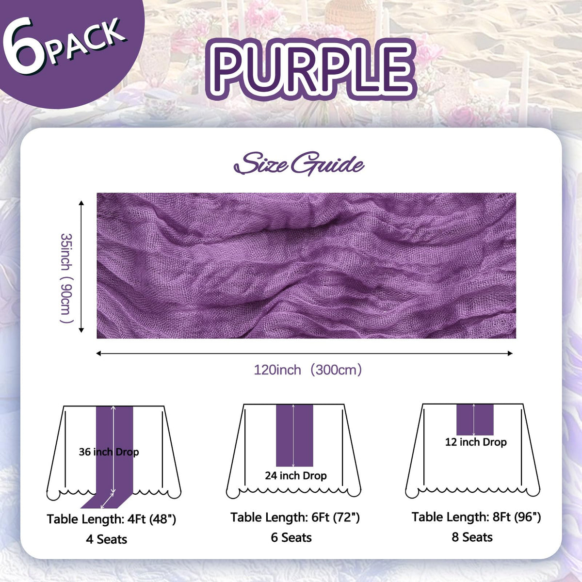Pepmily 35x120 inch purple cheesecloth runner draped on a table for elegant dining.