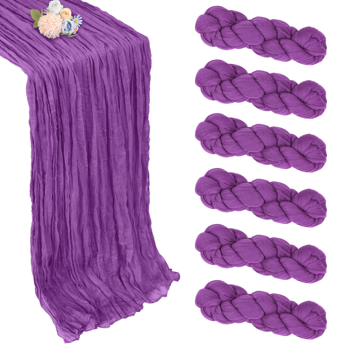 Pepmily 6-pack purple cheesecloth runners in packaging for versatile decor.