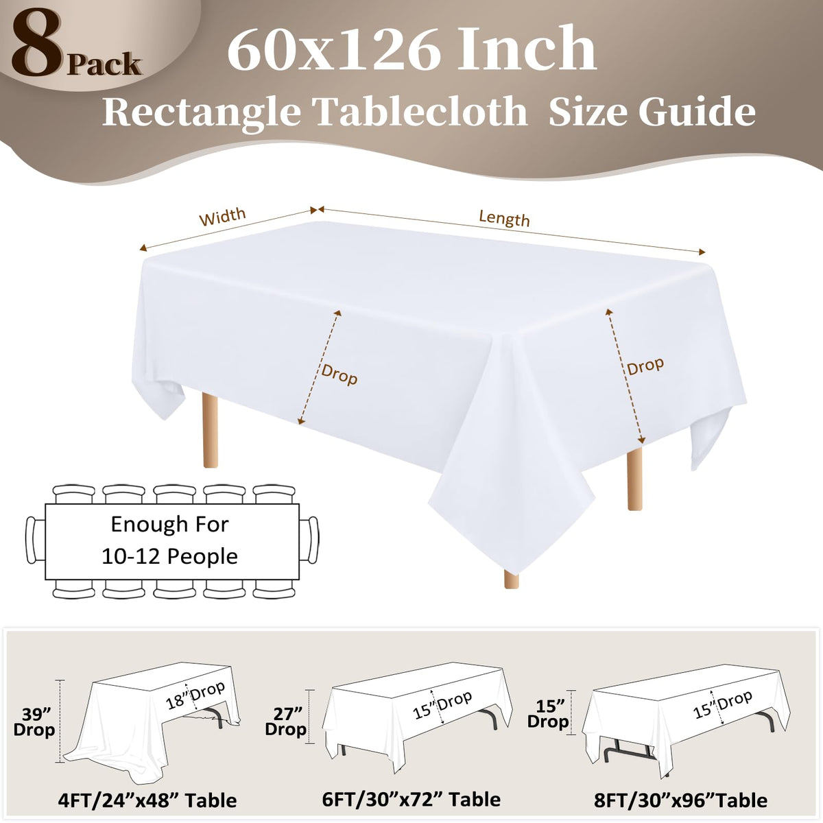 pepmily 8-pack white tablecloth flat lay shows ready-for-event presentation.
