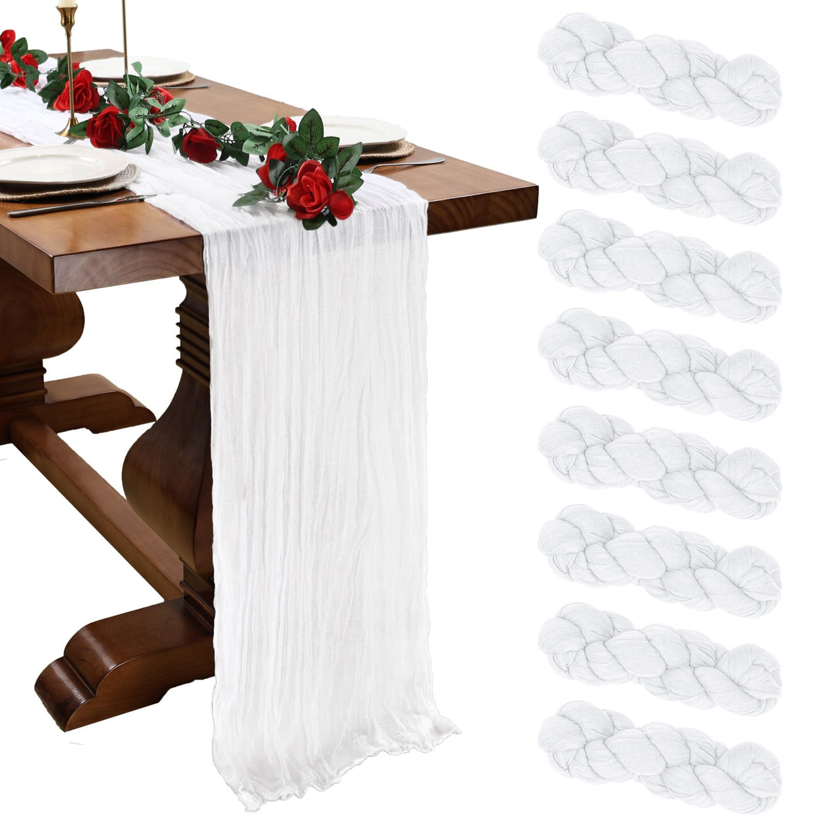 pepmily 8-pack white cheesecloth table runner enhances tables with elegant romantic ambiance