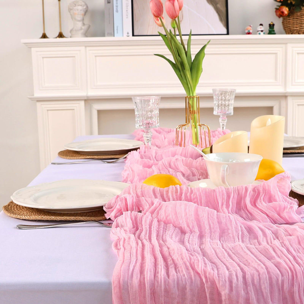 pepmily pink baby shower table runner adds delicate texture to setups.
