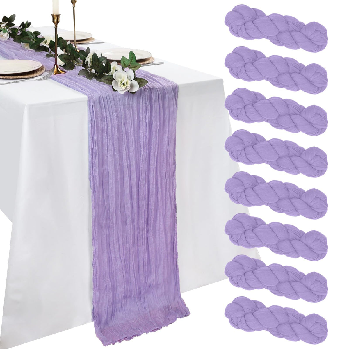 pepmily lilac purple cheesecloth table runner close-up shows soft texture and refined sheen