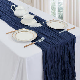 pepmily navy cheesecloth runner close-up texture for intimate dinners