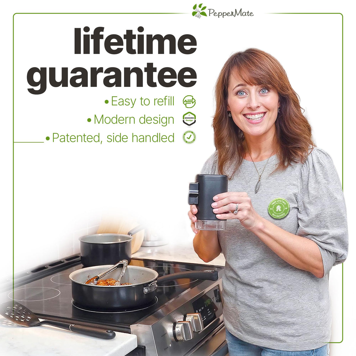 PepperMate 723 manual operation saves batteries and reduces waste.