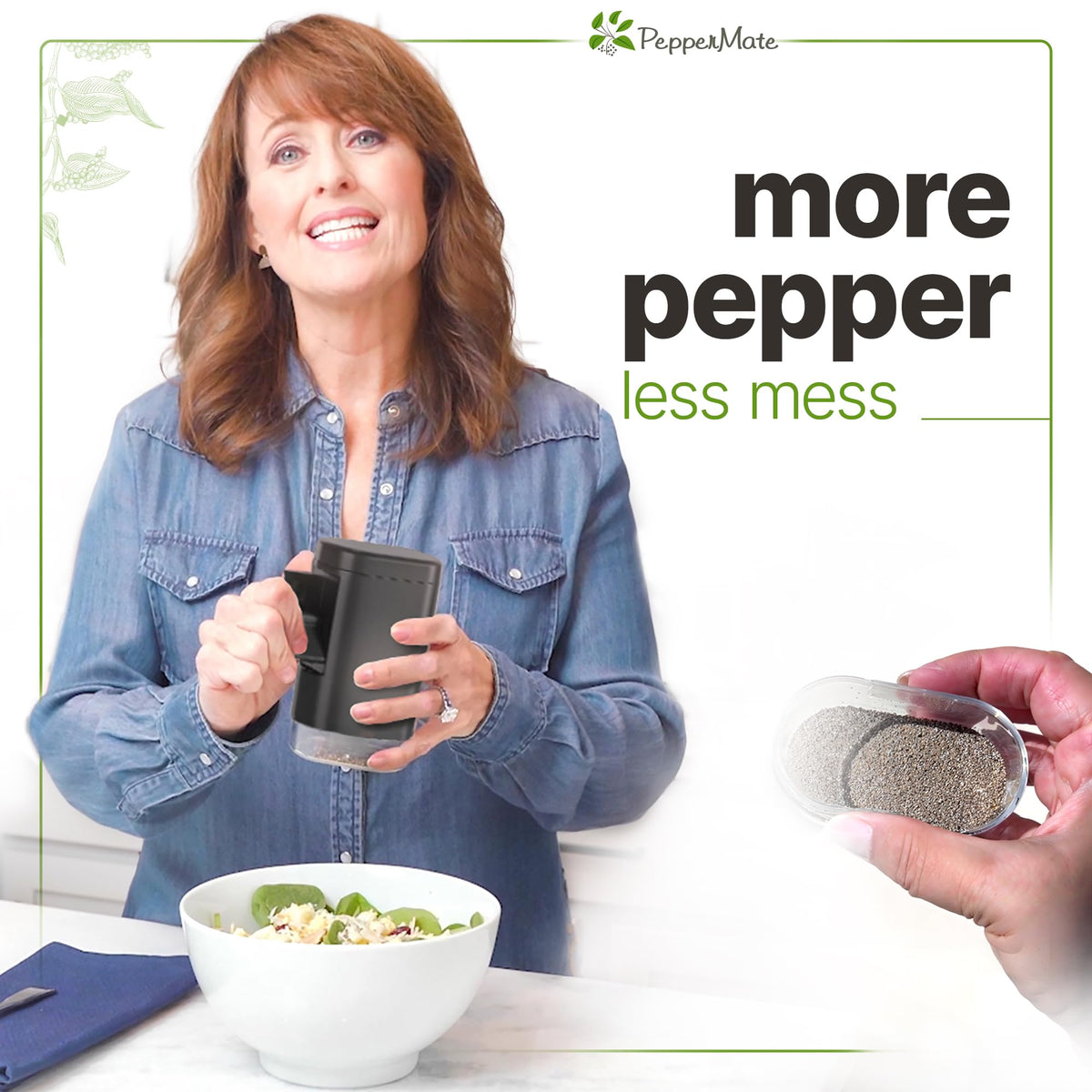 PepperMate pepper mill adjustable coarseness for fine to coarse seasoning.