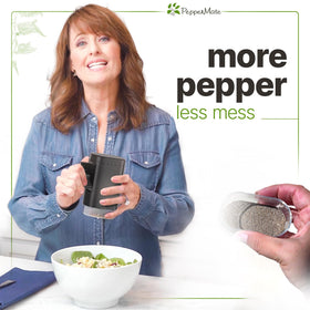 PepperMate pepper mill adjustable coarseness for fine to coarse seasoning.