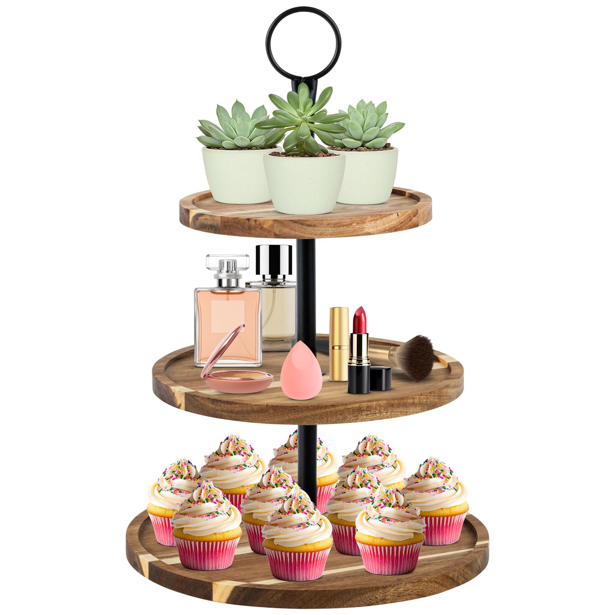 Perco Cupcake Stand 3-Tier wooden display showing rustic dessert centerpiece