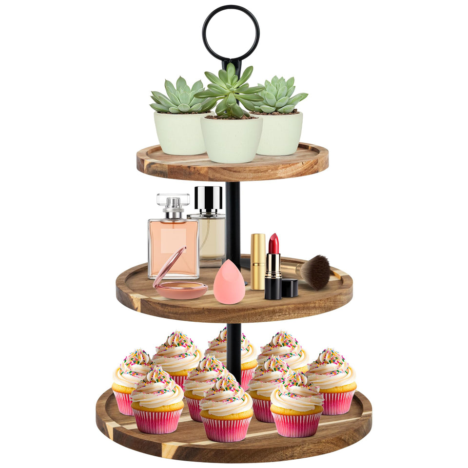 Perco Cupcake Stand 3-Tier wooden display showing rustic dessert centerpiece