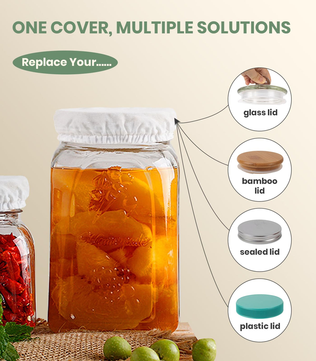 Perenllareta 4-pack biodegradable jar covers laid out with kraft stickers for labeling.