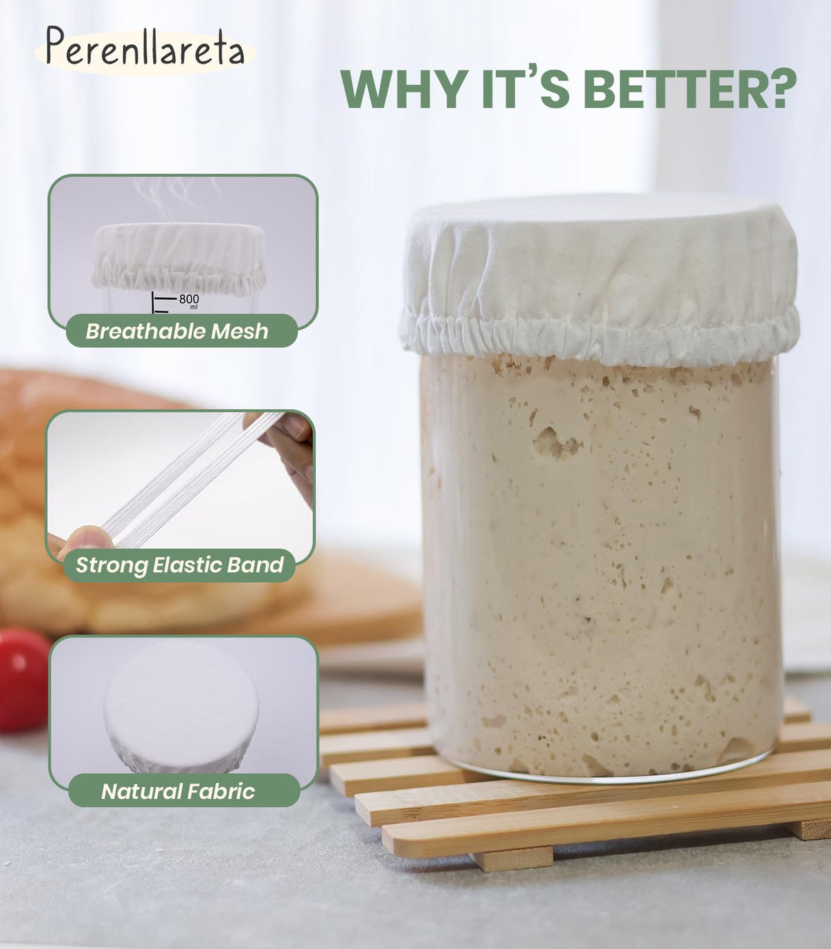 Perenllareta cotton mesh breathable cap positioned on a jar for fermentation projects.