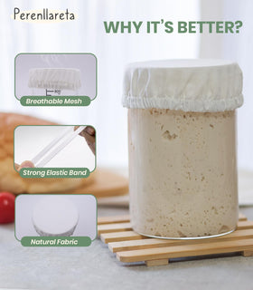 Perenllareta cotton mesh breathable cap positioned on a jar for fermentation projects.
