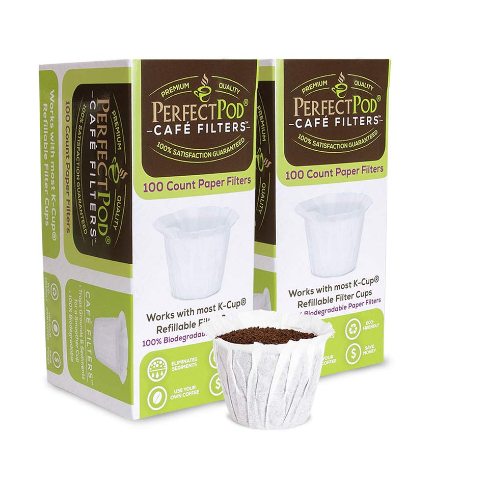 Perfect Pod cafe filters packaging shows recyclable paper liners for clean brewing.
