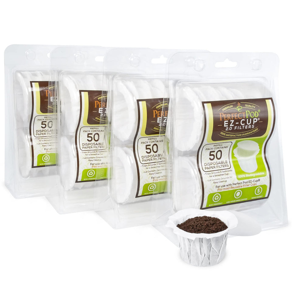 Perfect Pod EZ-Cup paper filter with lid improves cleanup after brewing.