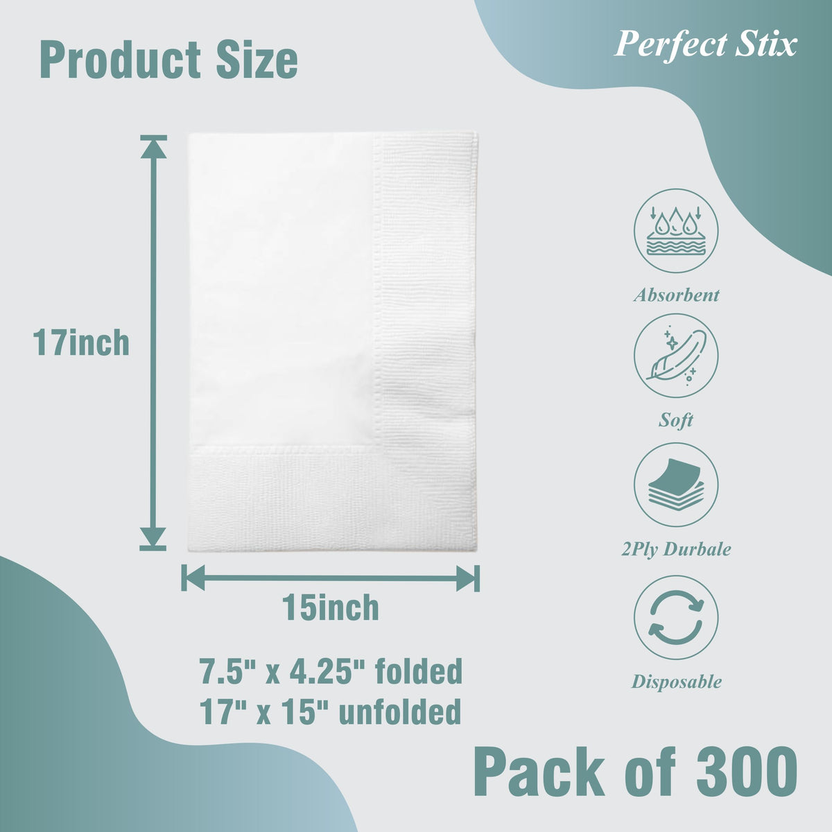 Perfect Stix Bell Marque 2-ply folded napkin view, highlighting compact 7.5 x 4.25 inch fold.