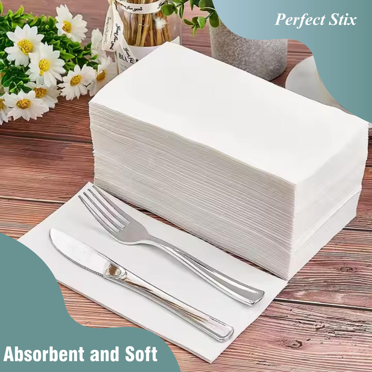 Perfect Stix Bell Marque 2-ply open napkin view, showing 17 x 15 inch size for generous table settings.
