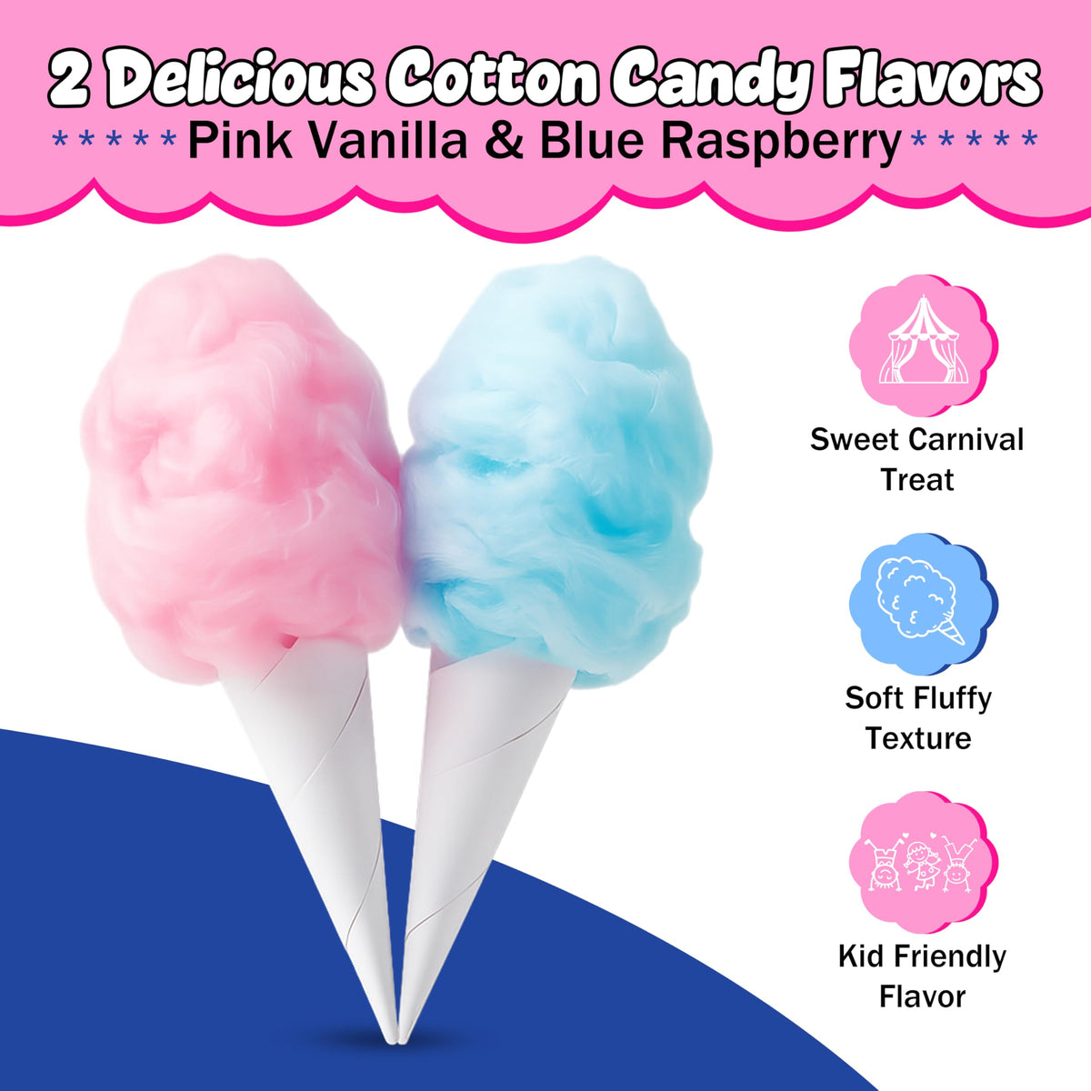 Perfectware 100-count cotton candy cones ready for serving at events