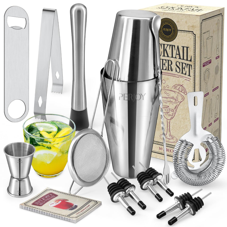 Perjoy 16-piece cocktail shaker set ready for home bartending.