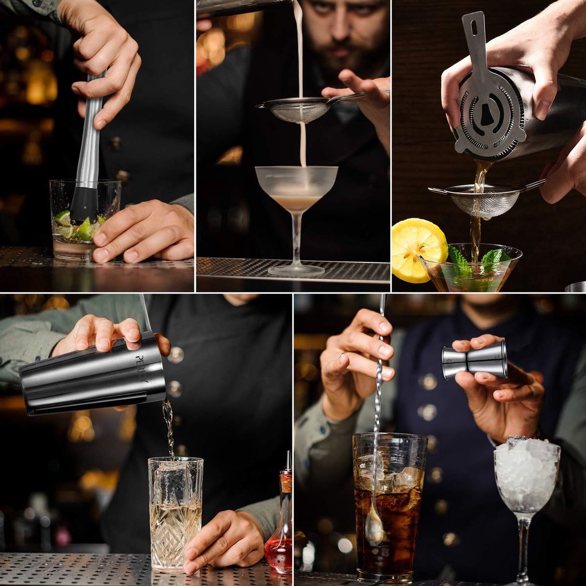 Perjoy 25 oz and 20 oz Boston shakers with tight-fit lids for mess-free mixing.