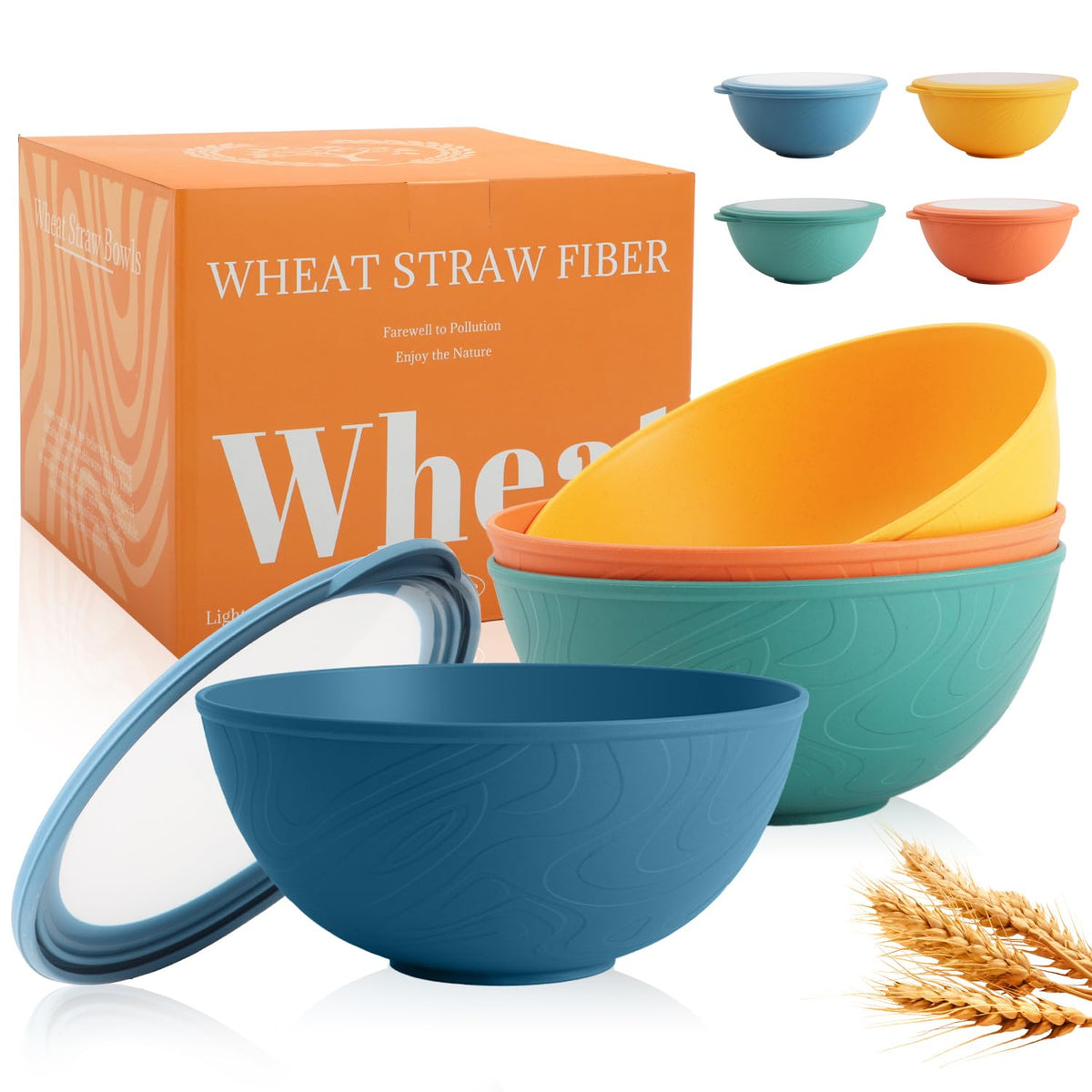 Perlapoc wheat straw bowls with lids, 40oz set, ideal for family meals and meal prep.