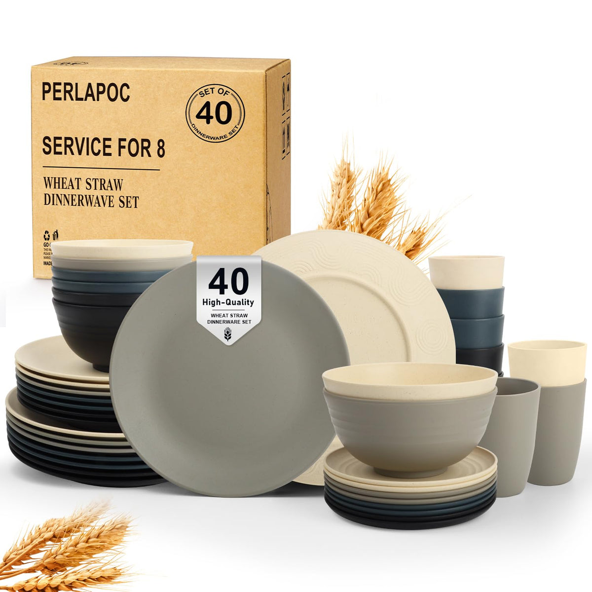 Perlapoc wheat straw dinnerware service for eight with durable plates in gray stone finish.