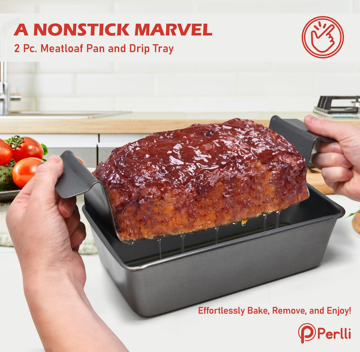PERLLI Meat Loaf Pan insert and pan in use for easy release and reduced sticking.