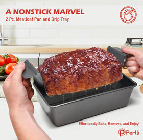 PERLLI Meat Loaf Pan insert and pan in use for easy release and reduced sticking.