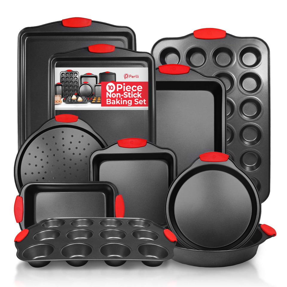 PERLLI non-stick 10-piece bakeware large cookie sheet delivers easy release and even browning.