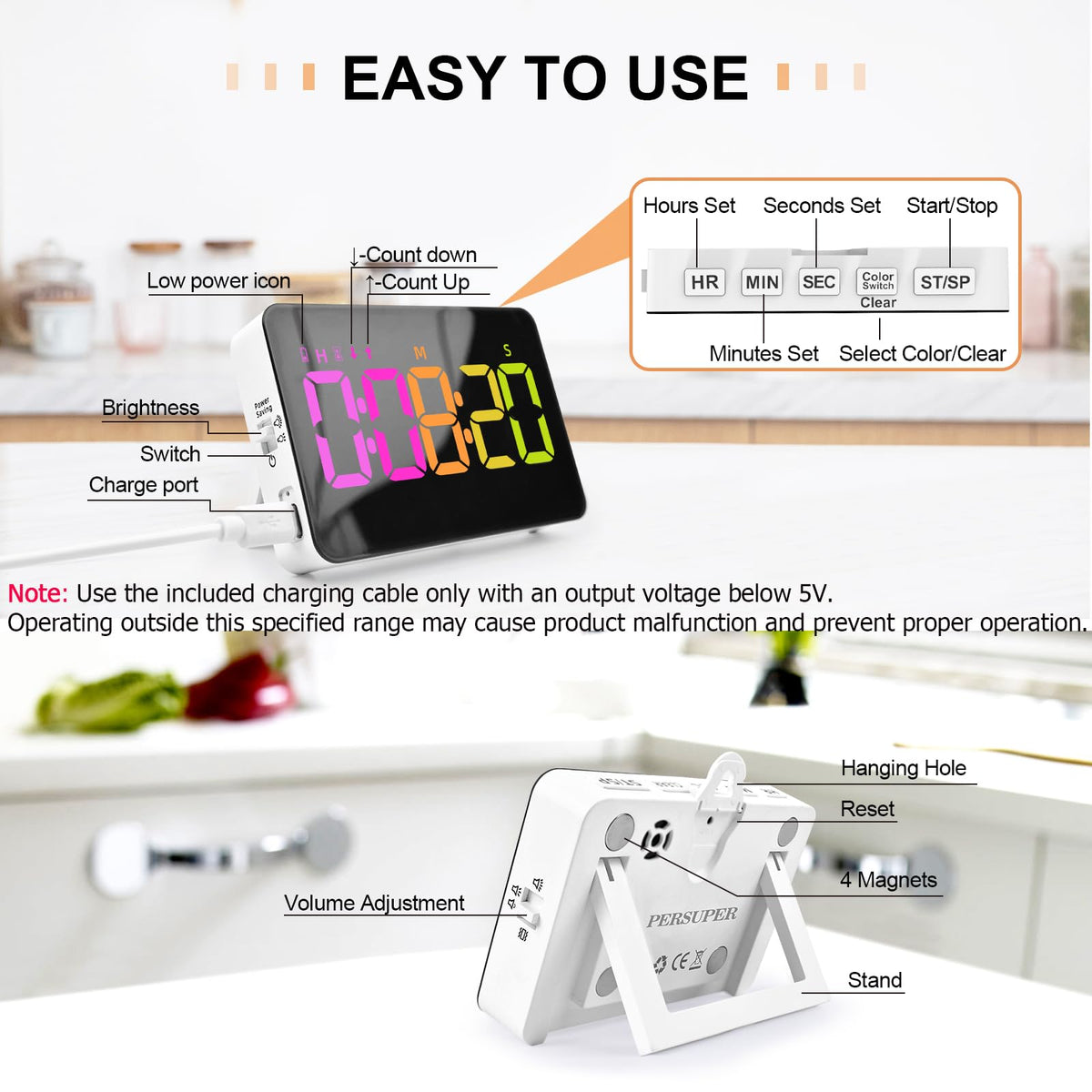 Persuper timer with magnetic back, extendable stand and hanging hook