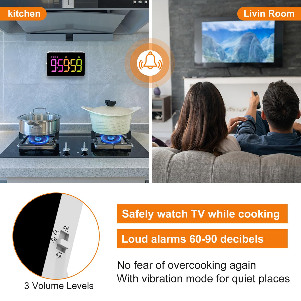Persuper timer provides three volume levels and a vibration option