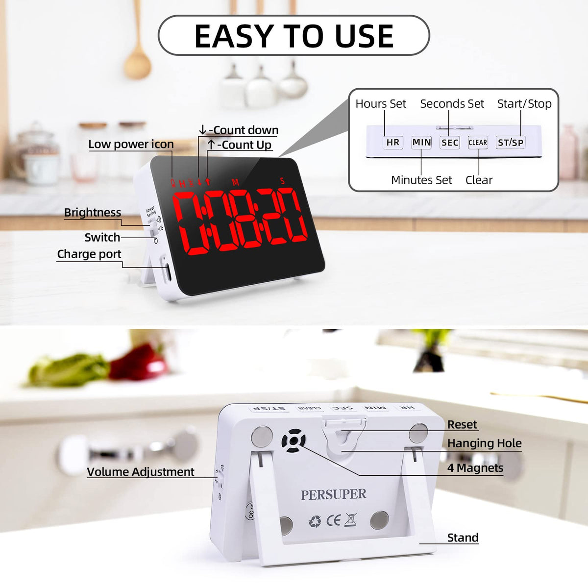 PERSUPER kitchen timer in use for cooking, studying, and meetings.
