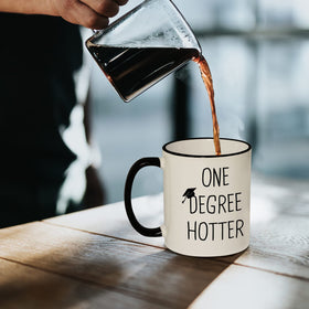 Petalsun One Degree Hotter mug side view, ideal for desk coffee breaks after exams.