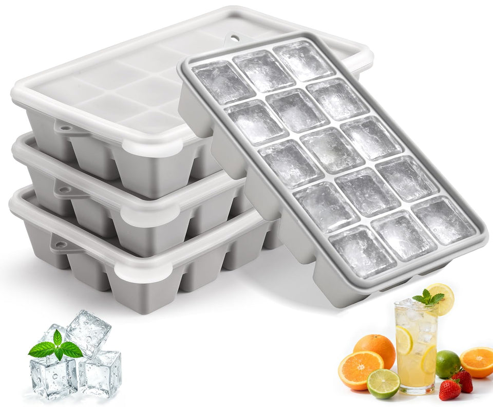 PET Hous silicone ice tray with lid gray 4-pack for organized freezing.