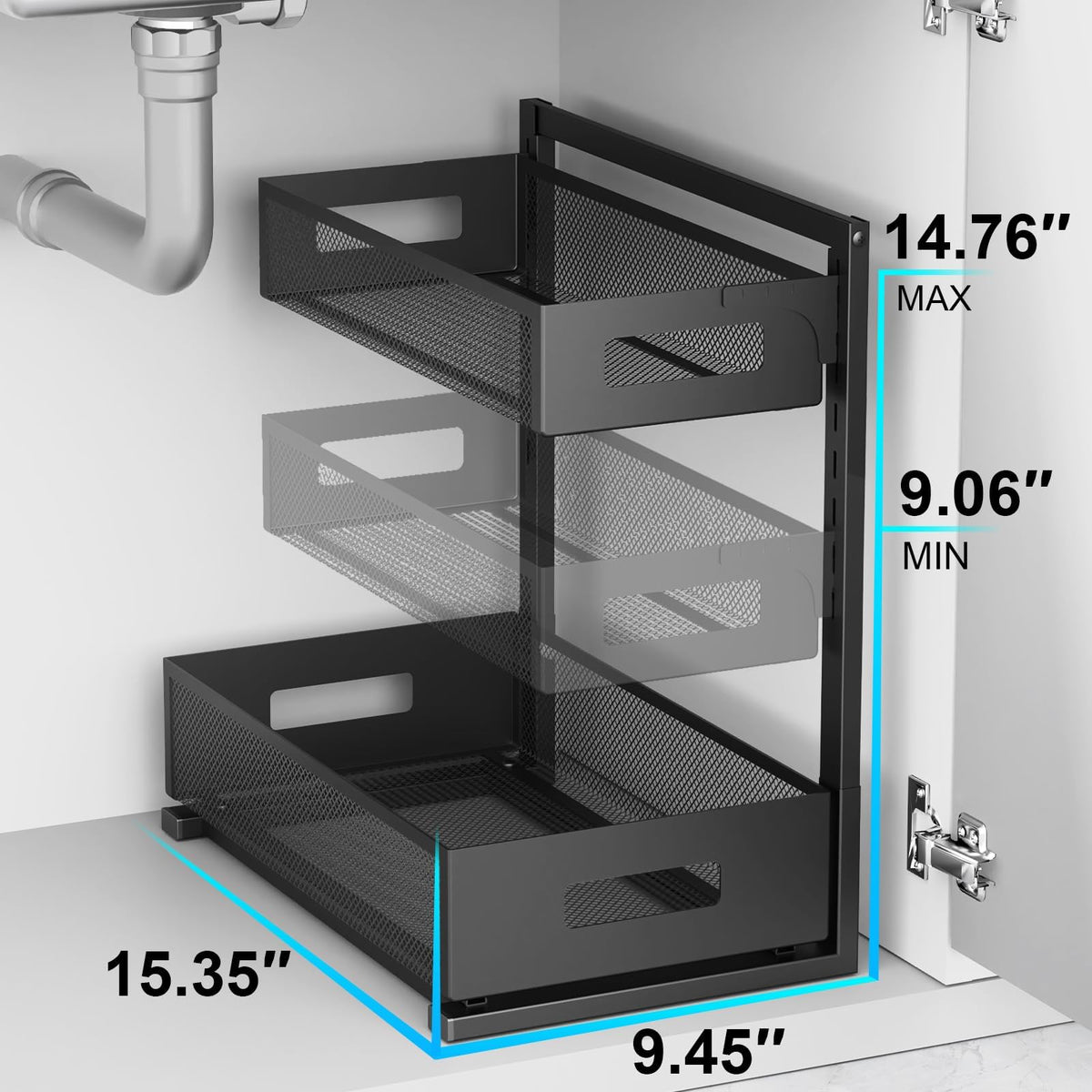 Petiza adjustable-height under-sink organizer adapts to cabinet sizes.