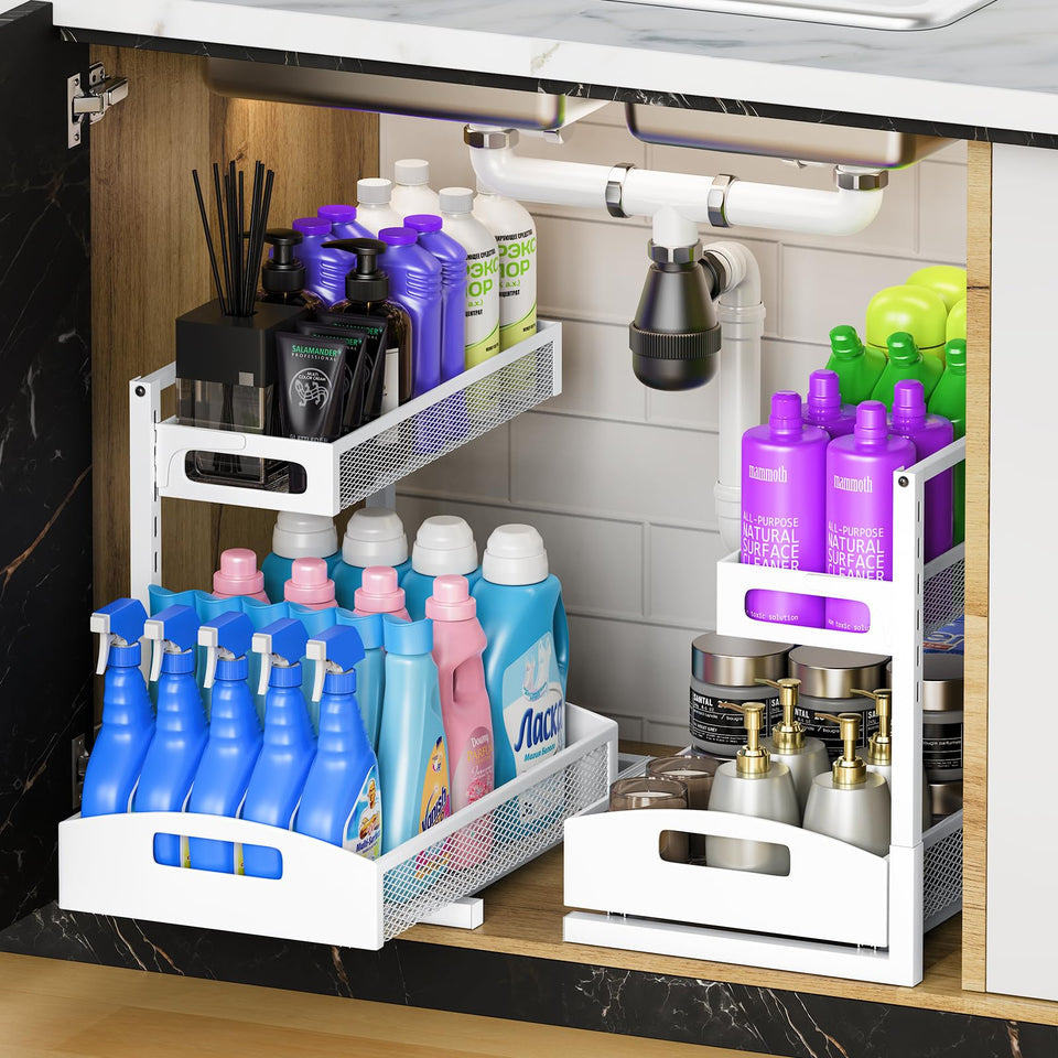 Petiza metal under sink organizer with pull-out drawer for easy access.