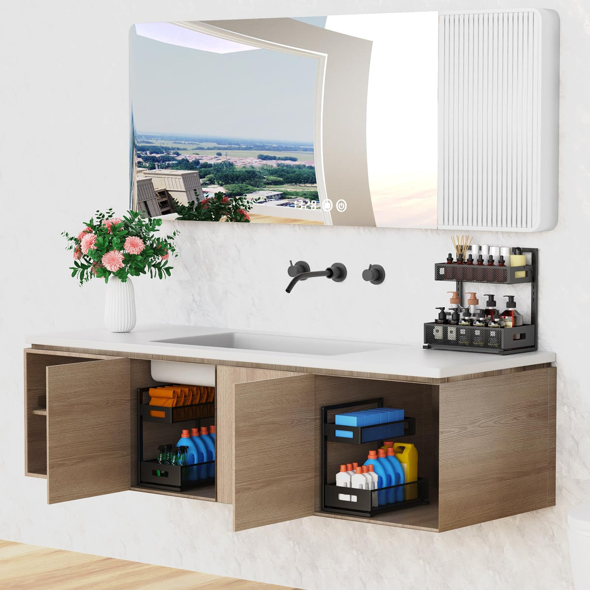 Petiza versatile under-sink organizer for kitchen, bathroom, pantry, and laundry.