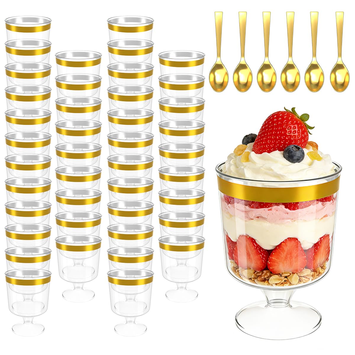 Pexicor 5oz clear dessert cups with gold edge for elegant presentations.