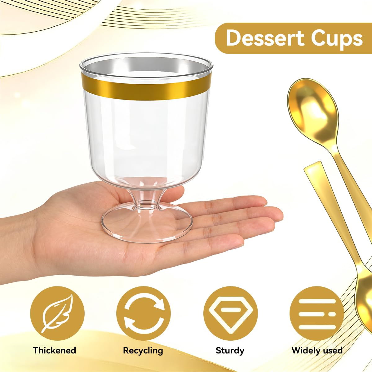 Pexicor 60 cups with gold edge ready for plated desserts and tastings.