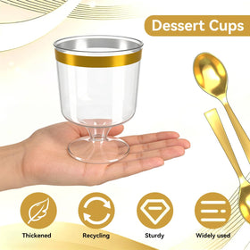 Pexicor 60 cups with gold edge ready for plated desserts and tastings.