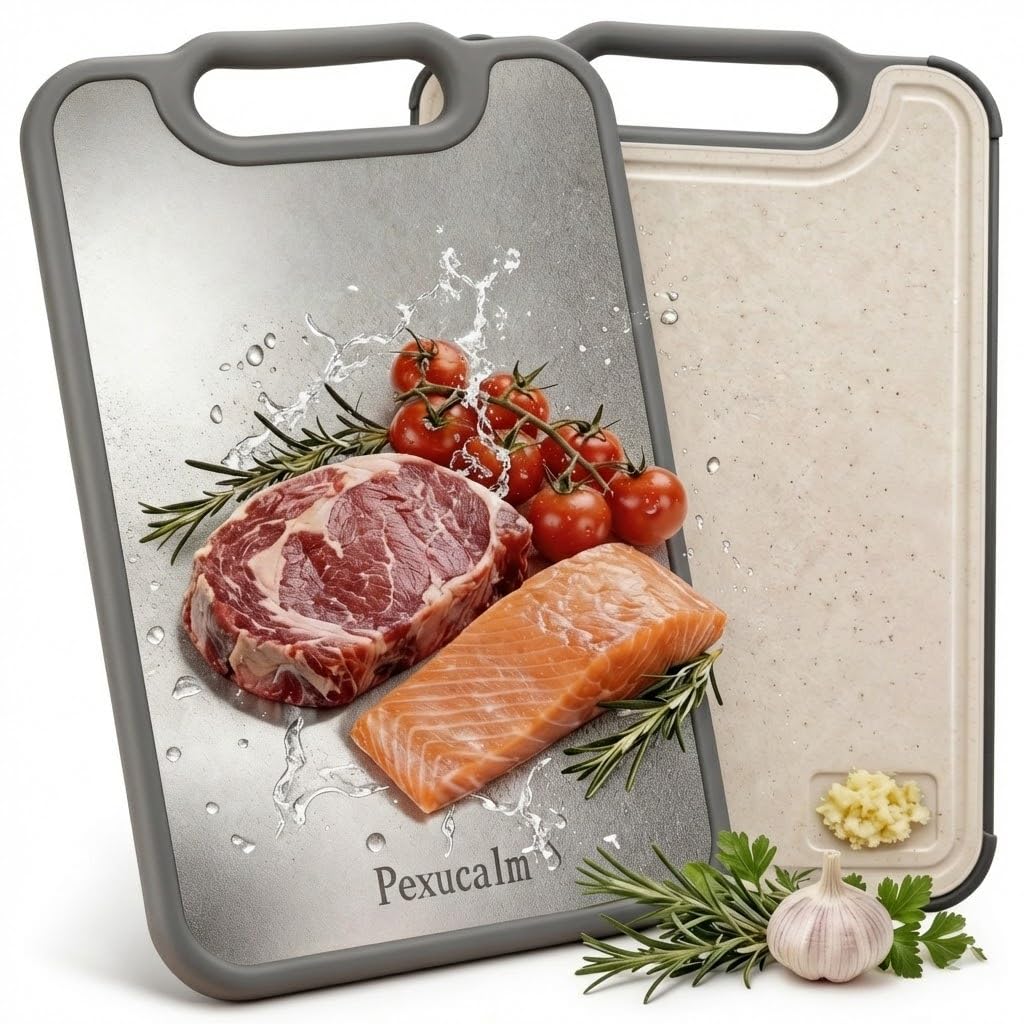 Pexucalm titanium cutting board dual-sided for organized meat and produce prep.