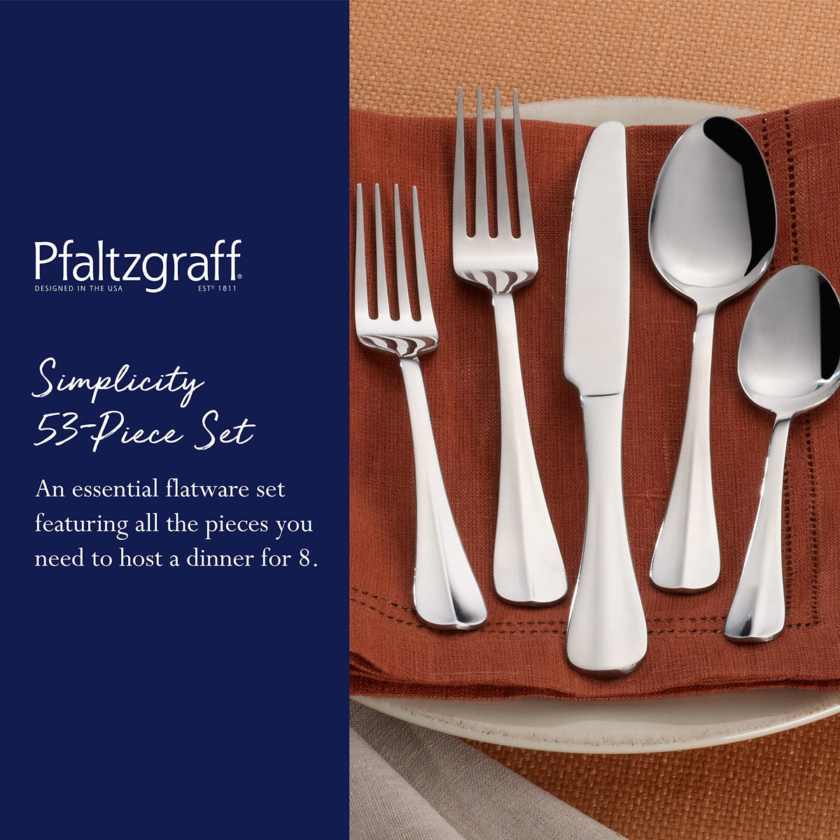 Pfaltzgraff 18/0 stainless steel construction shown for everyday reliability.