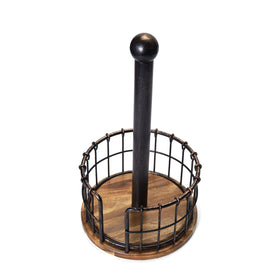 Pfaltzgraff Acacia wood base showcasing natural grain with towels