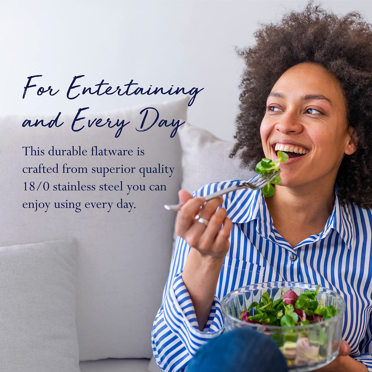 Pfaltzgraff flatware arrangement highlights balanced weight and comfortable grip.