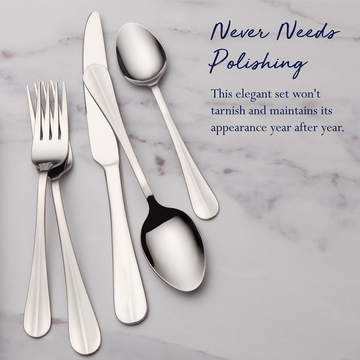 Pfaltzgraff flatware set shown as dishwasher safe for easy cleanup.