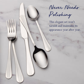 Pfaltzgraff flatware set shown as dishwasher safe for easy cleanup.