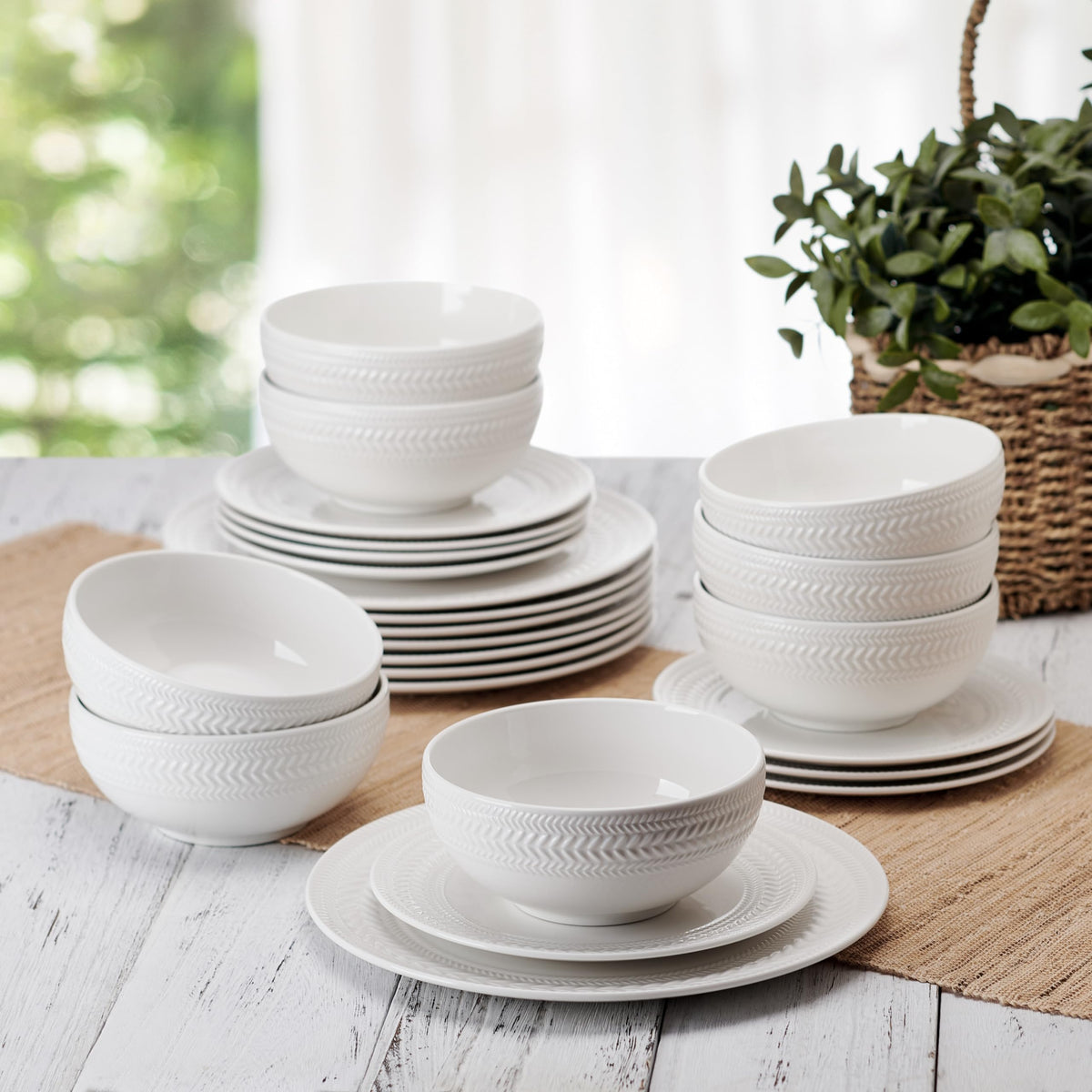 Pfaltzgraff Josephine pieces with white surfaces for versatile staging