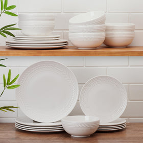 Josephine dishes stacked to highlight lightweight yet durable porcelain