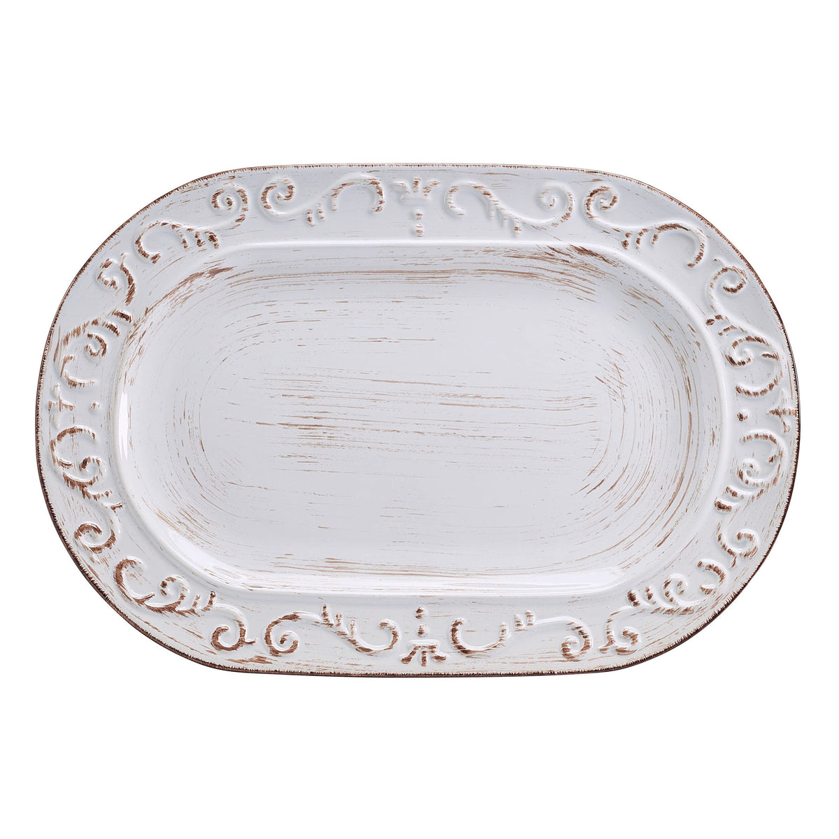 Pfaltzgraff Trellis platter in white showcases durable microwave and dishwasher safe stoneware.
