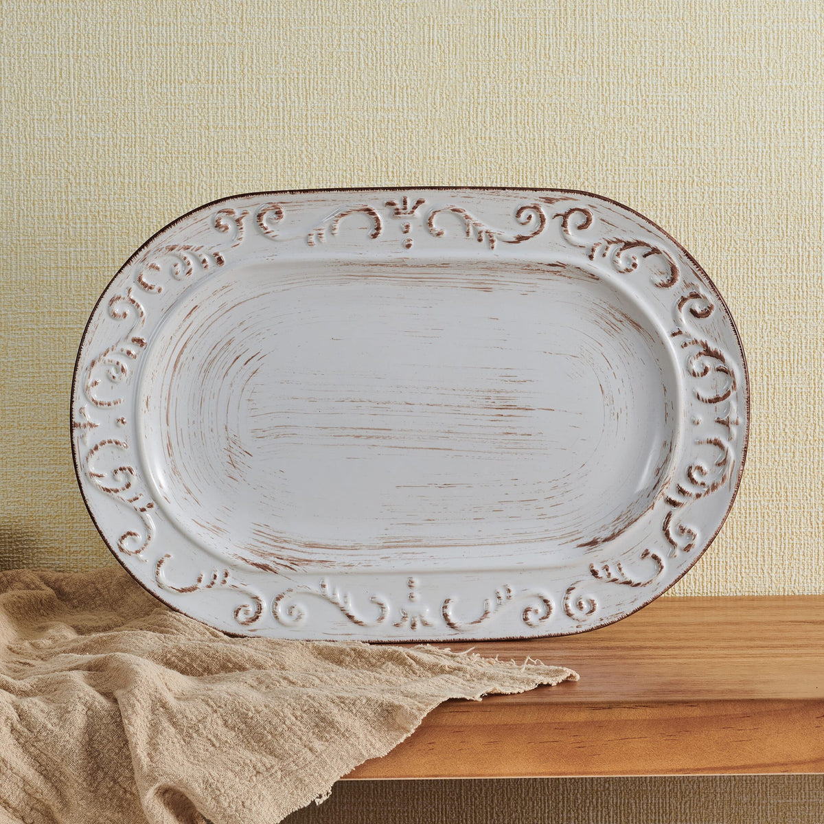 Pfaltzgraff Trellis serving platter with embossed scroll elevates table presentation.