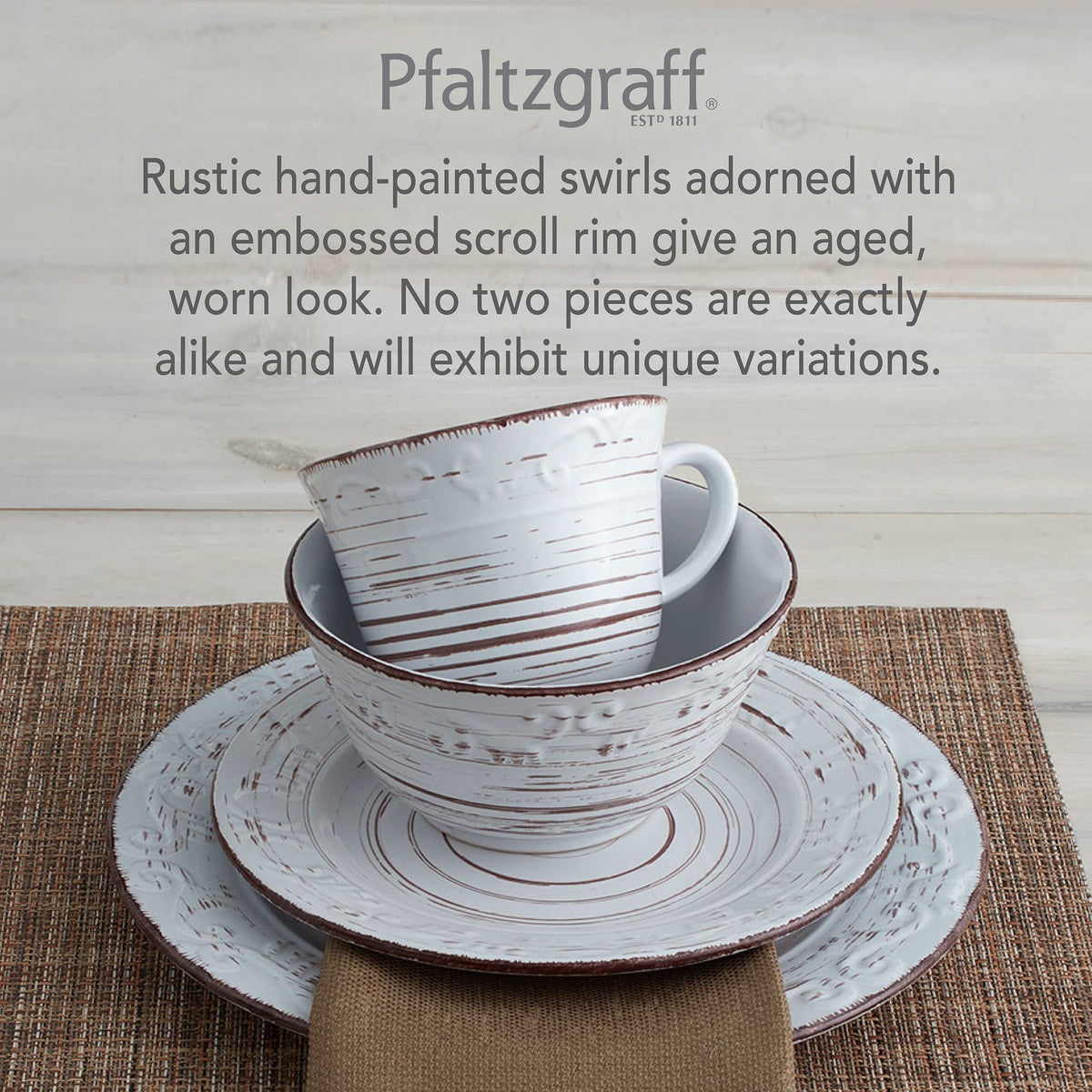 Pfaltzgraff Trellis White mug adds rustic charm to morning coffee.