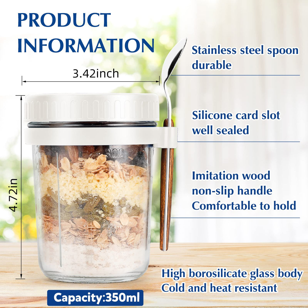 PFUM glass oats container wide mouth highlights easy filling and cleaning.